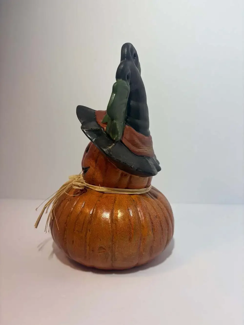 Pier 1 Whimsical Jack-O-Lantern Pumpkin Figurine Wearing Witch Hat and Straw Bow